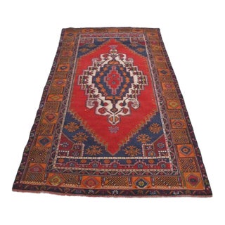 Vintage Anatolian Wool Area Rug, Bold Red Field With Navy Blue Geometric Medallion For Sale