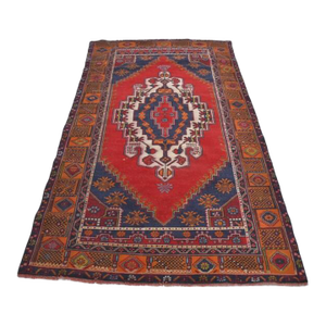 Vintage Anatolian Wool Area Rug, Bold Red Field With Navy Blue Geometric Medallion