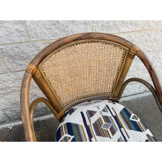 Pair of 1970s Vintage Rattan & Cane Swivel Bar Stools With Upholstered Seats For Sale In Philadelphia - Image 6 of 10