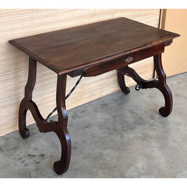 Brown Spanish 1880s Walnut Side Table or Lady Desk, Lyre Legs and Iron Stretcher For Sale - Image 8 of 11