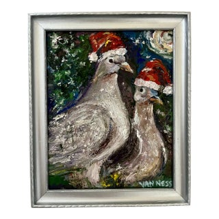 Two Turtle Doves, Oil Painting, Holidays, by Van Ness For Sale