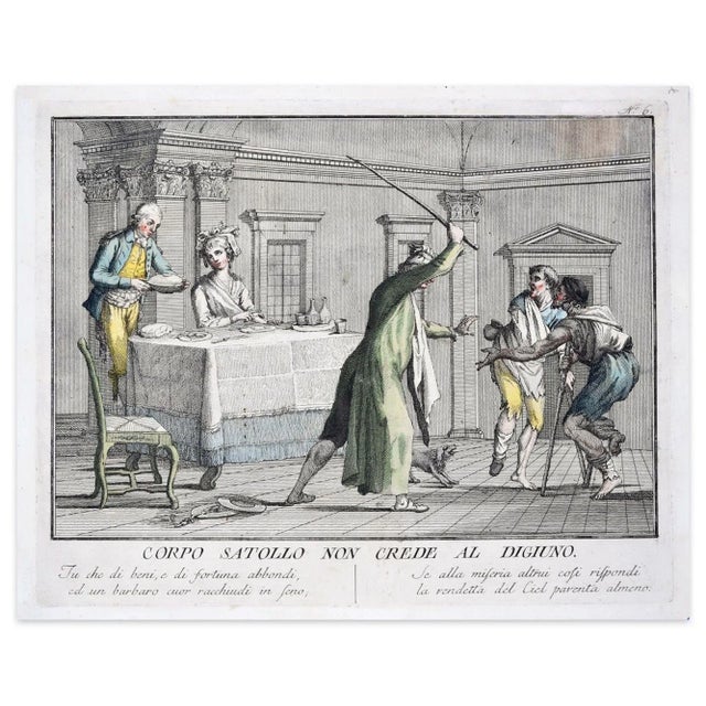 Corpo Satollo Non Crede Al Digiuno is an original print realized in 1788 by Carlo Lasinio. Original etching hand-colored....
