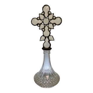 Handmade Crystal Cross Assemblage Sculpture on Cut Glass Bottle For Sale