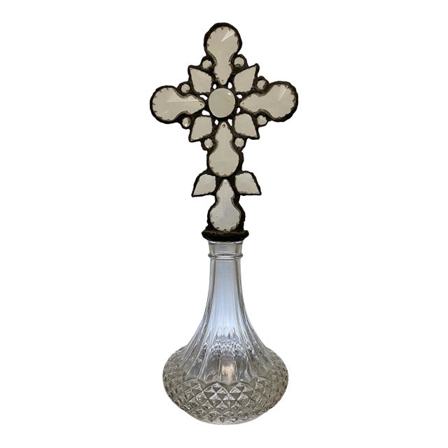 Handmade Crystal Cross Assemblage Sculpture on Cut Glass Bottle For Sale