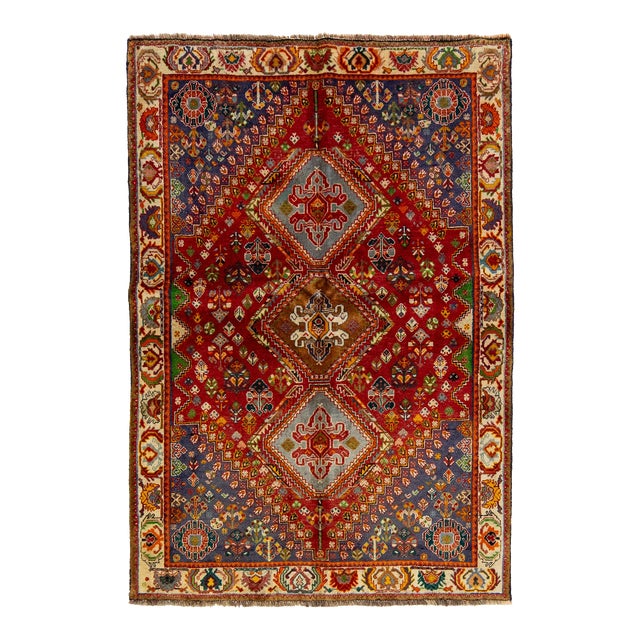 Red Vintage Shiraz Scatter Wool Rug With Allover Geometric Design For Sale