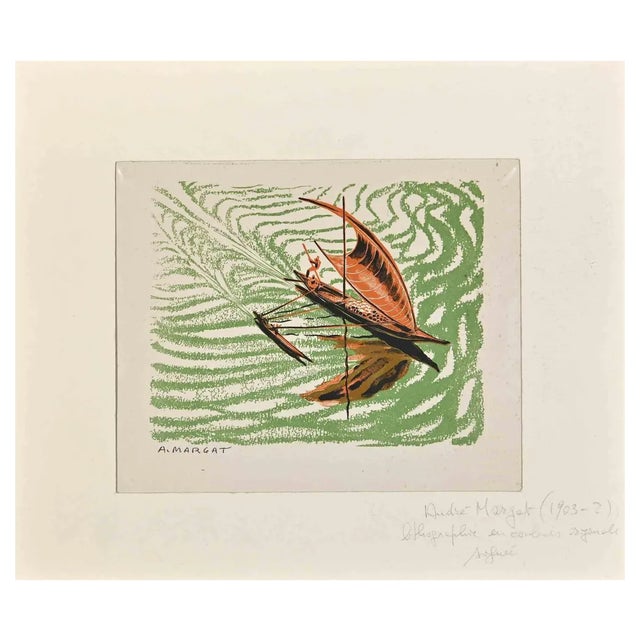 André Margat, Boats, Original Lithograph, Mid-20th-Century For Sale