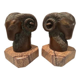 Handsome Pair of Ram’s Head Bookends on Marble Plinths For Sale