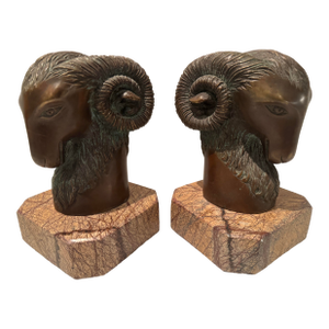 Handsome Pair of Ram’s Head Bookends on Marble Plinths