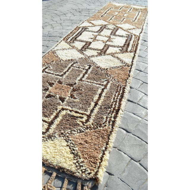 Textile Hand-Knotted Turkish Runner Rug . Tribal Herki . Pure Natural Undyed Wool - 2′10″ × 11′1″ For Sale - Image 7 of 11