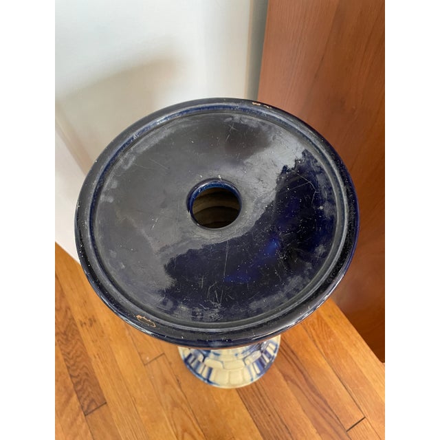 Ceramic Vintage Blue and White Majolica Urn on Dragon Stand For Sale - Image 7 of 8