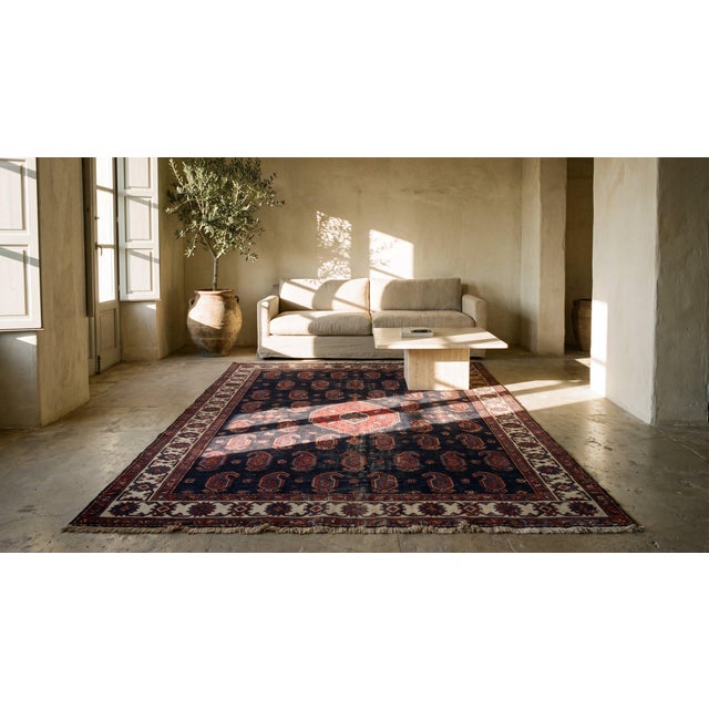 Red 1890s Blue Navy Geometric Antique Kurdish Tribal Rug 5'4" X 7'3" Wool Handknotted Carpet For Sale - Image 8 of 9