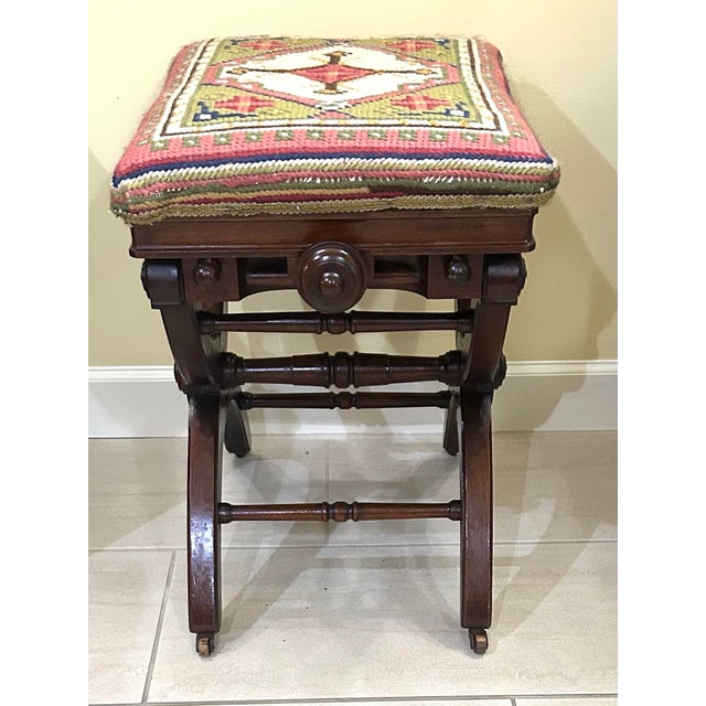 Late 19th Century Antique, Victorian, Adjustable X-Frame, Mahogany Piano/Foot Stool, With Geometric, Needle-Point, Upholstered Top, Postawka, Cambridgeport, Mass, 1871 For Sale - Image 5 of 9