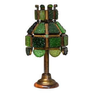 Brutalist Italian Green Dalle De Verre Glass Table Lamp in Brass and Oak, 1970s For Sale