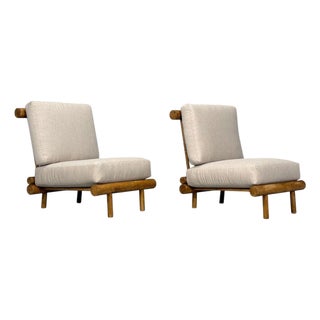 Charlotte Perriand, Rare 'La Cachette' Lounge Chairs, Oak, Fabric, France, 1960s For Sale
