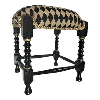 Spanish Style Antique Oak Footstool Painted Glossy Black and Reupholstered With Harlequin Fabric For Sale