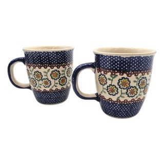 Polish Boleslawiec Pottery Yellow Blue Flowers Coffee Tea Cup Mug 5" For Sale