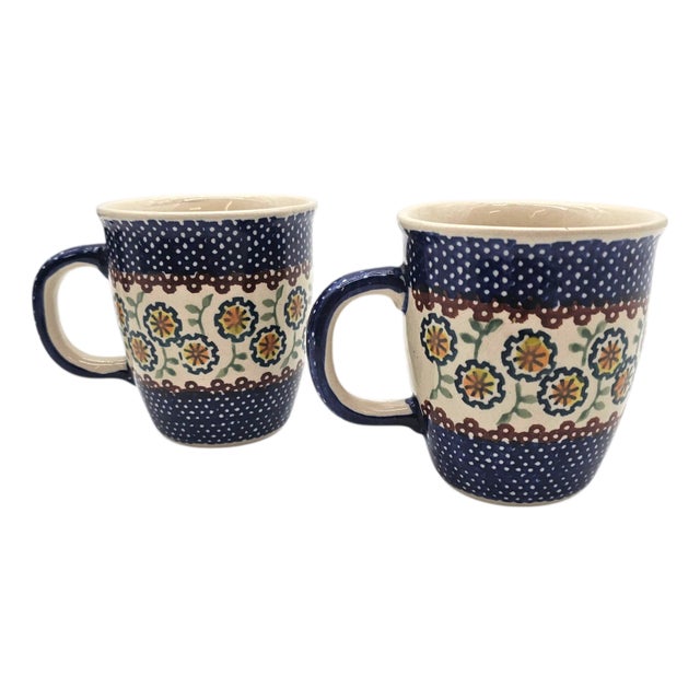 Polish Boleslawiec Pottery Yellow Blue Flowers Coffee Tea Cup Mug 5" For Sale