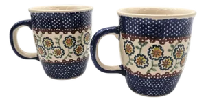 Polish Boleslawiec Pottery Yellow Blue Flowers Coffee Tea Cup Mug 5"
