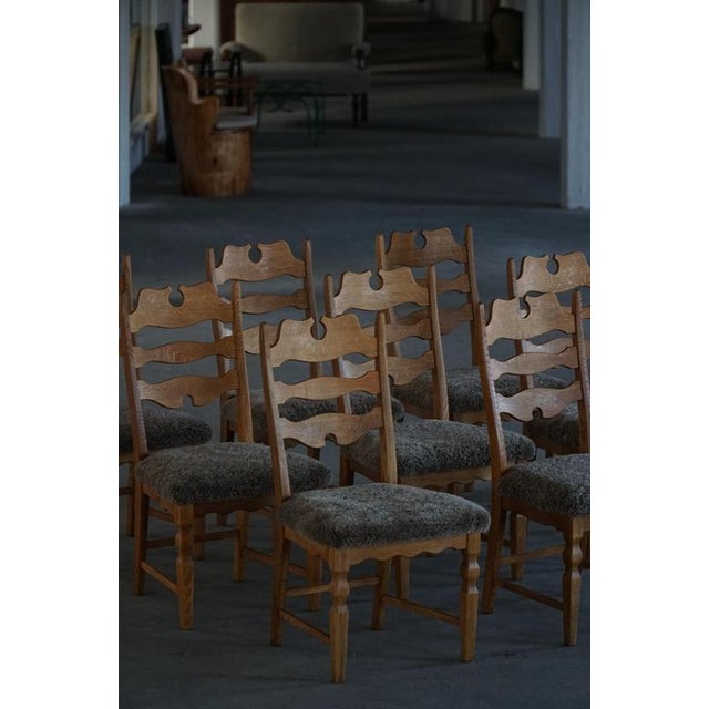 1950s Mid-Century Danish Chairs in Oak & Lambswool by Henning Kjærnulf for E.G. Møbler, 1960s, Set of 8 For Sale - Image 5 of 18