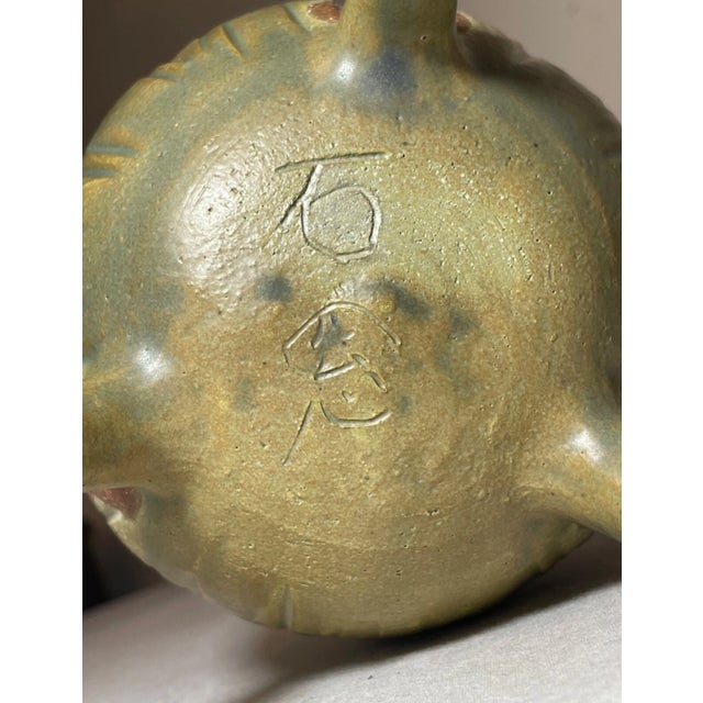 Antique Signed Japanese 3 Piece Studio Art Green Pottery Footed Vase Bowl Set For Sale - Image 13 of 18