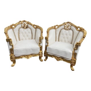 1950s French Louis XVI Gold Leather Wood Bergere Chairs Pair For Sale