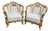 1950s French Louis XVI Gold Leather Wood Bergere Chairs Pair For Sale