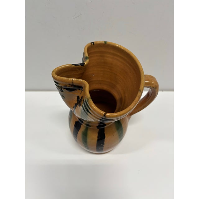 Large Antique Hand-Painted Glazed Ceramic Water Pitcher w. Handle. Size: 8" x 7" x 10"H