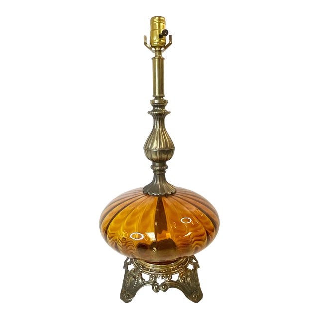 Mid Century Boho Chic Arts & Crafts Amber Glass and Brass Table Lamp For Sale