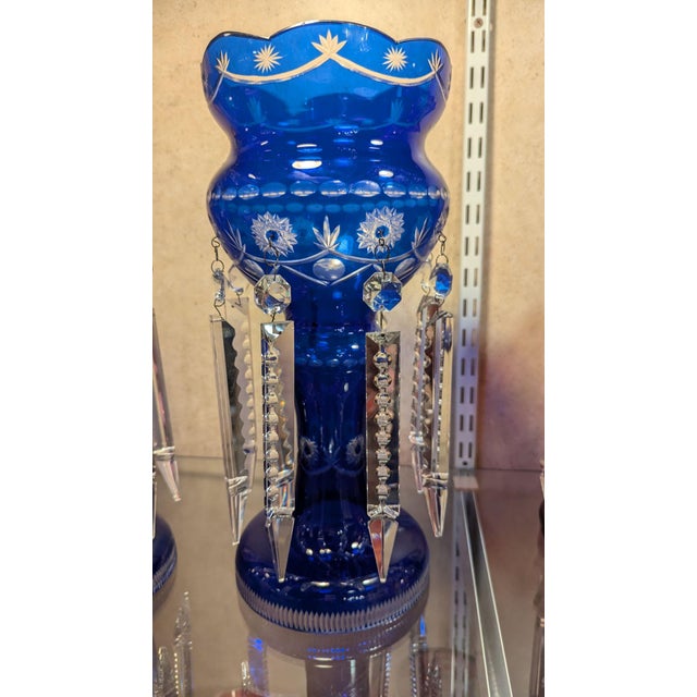Cobalt Flashed Crystal Lusters- a Pair For Sale - Image 6 of 8