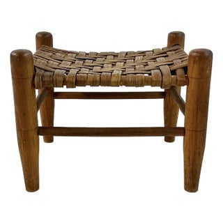 1930s Vintage French Country Rustic European Split Flat Rattan Reed Woven Footstool For Sale