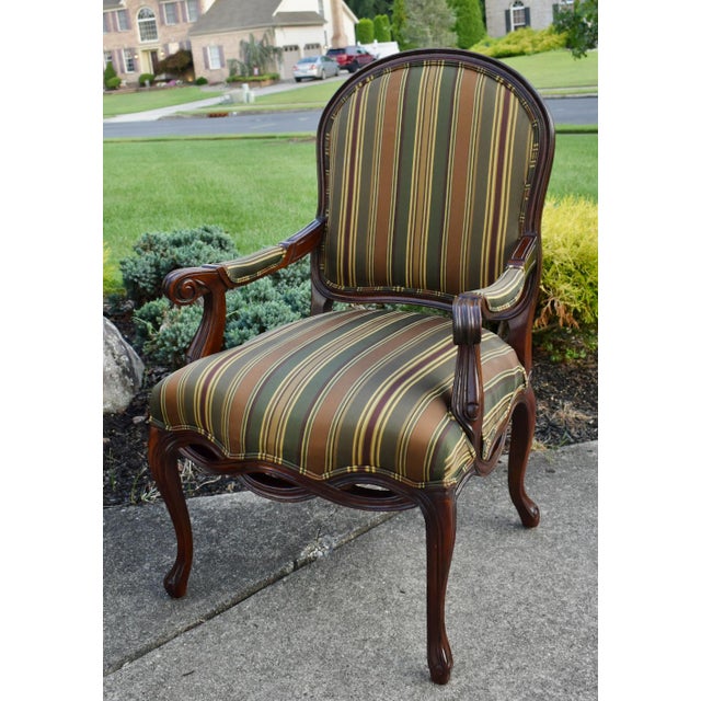 Vintage Tuscan Style Mahogany Accent Chair W/Stripe Fabric For Sale - Image 12 of 12