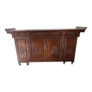 Mid 20th Century Chinese Export / Chinoiserie Relief-Carved Credenza or Sideboard For Sale