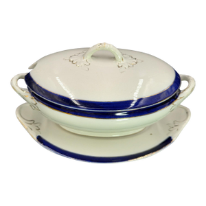 Mid 20th Century Large English Gravy Boat With Cobalt Blue Stripe