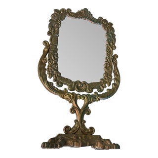 Ornate Vintage Antique Cast Metal Gold Painted Standing 16.25" Vanity Mirror For Sale