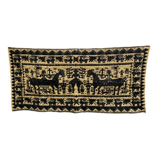 Circa 1790 Handmade Folk Art Americana Horses Flags Altar Cloth Runner For Sale