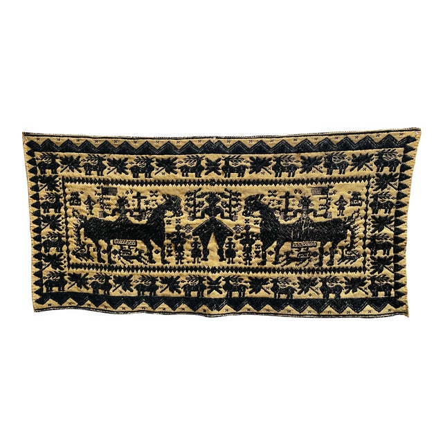 Circa 1790 Handmade Folk Art Americana Horses Flags Altar Cloth Runner For Sale