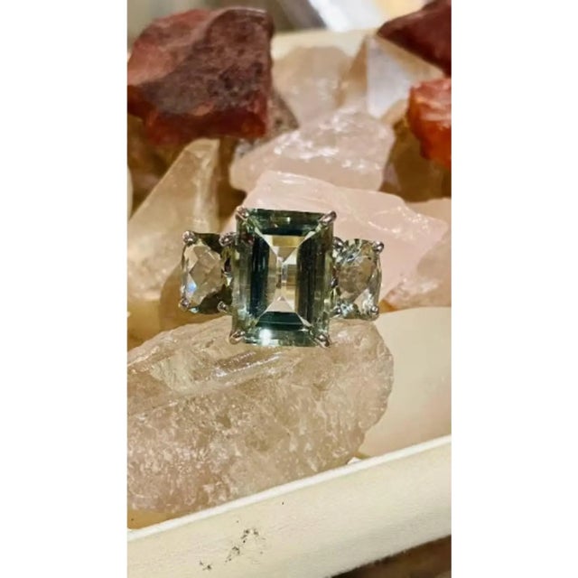 Not Yet Made - Made To Order Natural Faceted Green Amethyst Three Stone Ring- Size 8 For Sale - Image 5 of 8