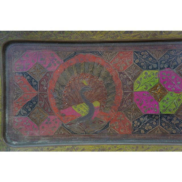 Mid 20th Century Indian Etched Brass Peacock Bird Bar Tray, Cups, Tophy Urn & Candlesticks Set- 10 Pieces For Sale - Image 11 of 14