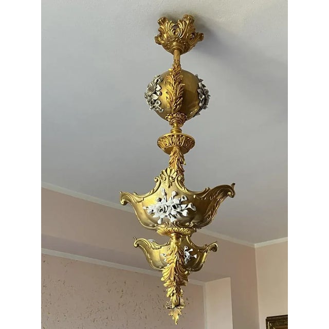 Vintage Italian Hanging Lamp in Brass and Porcelain, 1980s For Sale - Image 4 of 10