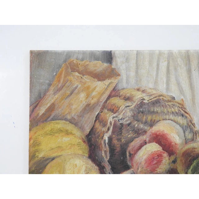 Early 20th century oil on artist board still life with peaches and melons. Unsigned. Unframed, edge wear, couple small...