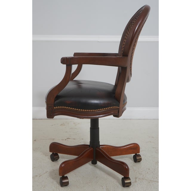 French Vintage French Carved Cane Back Swivel Leather Desk Chair For Sale - Image 3 of 18