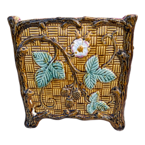 19th Century Large French Majolica Blackberries Square Cache Pot