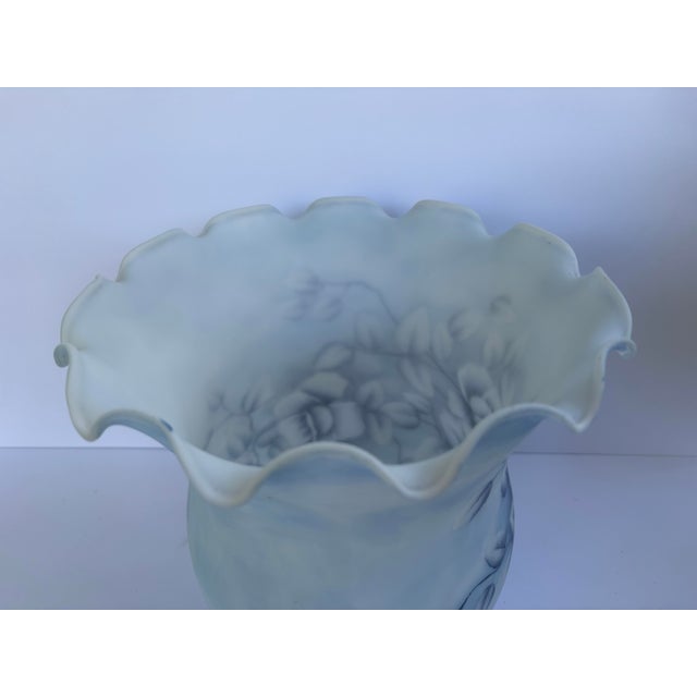 Vintage Frosted Blue Glass Rose Lamp Shade With Ruffled Scalloped Edge For Sale - Image 9 of 9