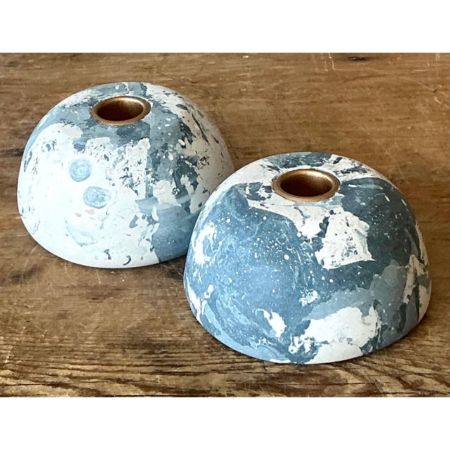Boho Artisan Pigmented Plaster Scagliola Low Dome Candlestick Holders - Set of 2 For Sale - Image 4 of 12