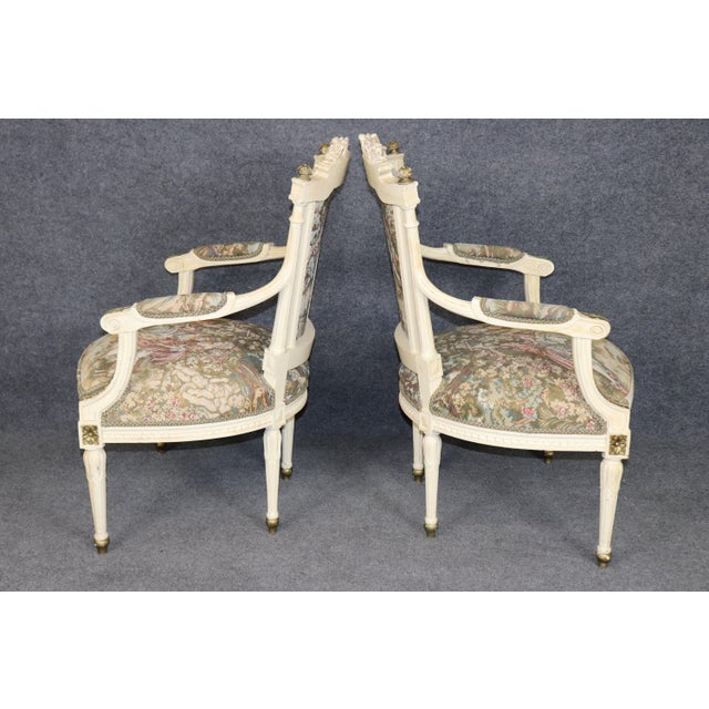 French Early 20th C Pair Louis XVI Style Creme Painted W/ Gold Accent Armchairs For Sale - Image 3 of 15