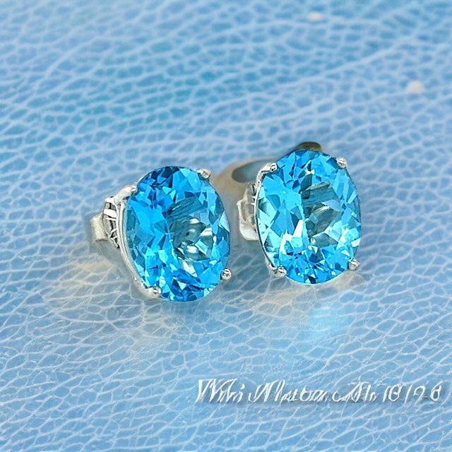 Natural Blue Topaz Stud Earrings 14k White Gold 5.79 TW Certified For Sale - Image 10 of 14