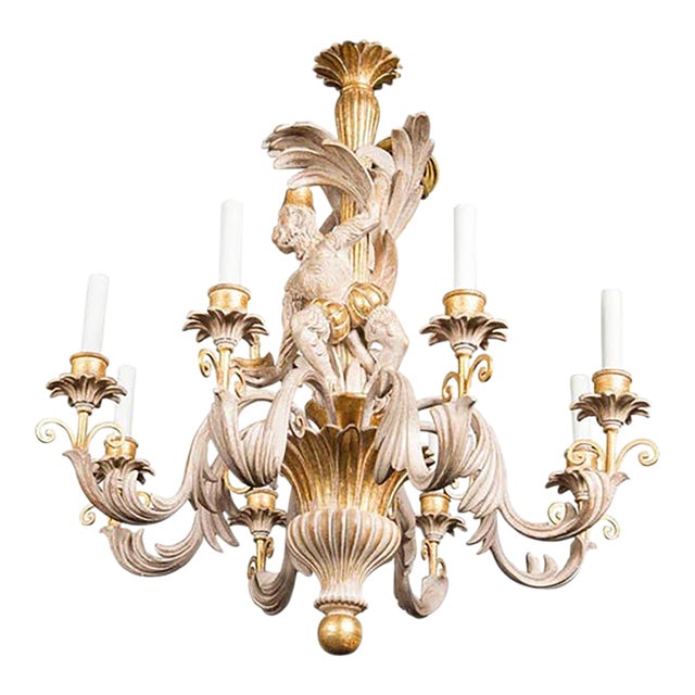 Italian Carved Solid Wood Gold Gilt Monkey Chandelier - 1970's For Sale