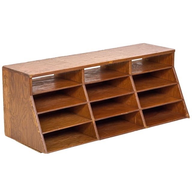Vintage 1950s handmade large wooden cubby organizer with 12 slotted compartments. Modernist profile with sharp angles,...