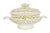 A large Italian hand painted ceramic soup tureen. The lid, ladle, tureen and charger are white and delicately decorated...
