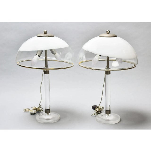 Pair Mid Century Italian Lamps With Lucite Base and All Glass Shades For Sale - Image 10 of 12
